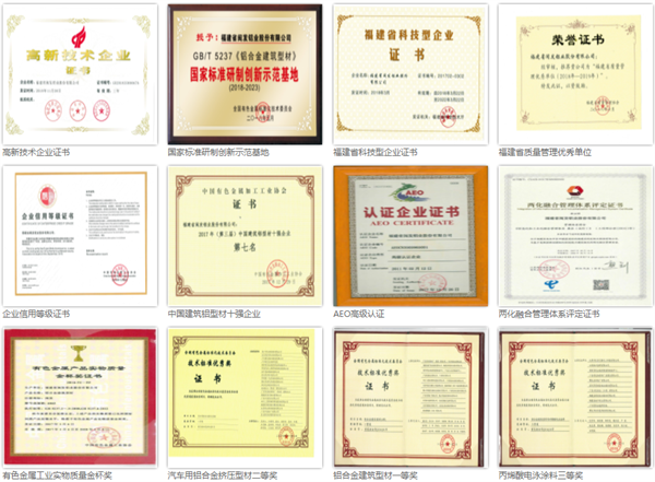 福建省閩發(fā)鋁業(yè)股份有限公司部分榮譽證書 福建省閩發(fā)鋁業(yè)股份有限公司部分榮譽證書